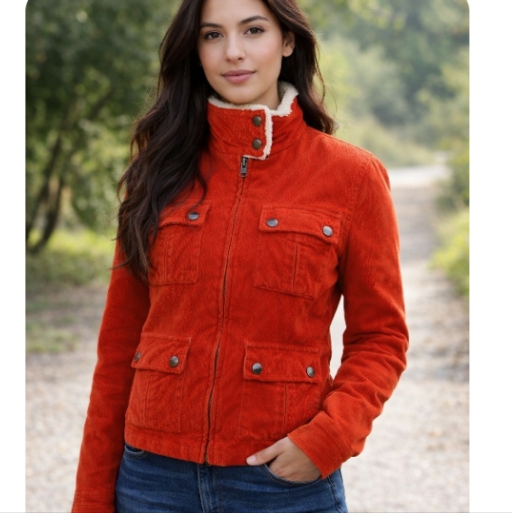 Lucky Brand Orange Corduroy Jacket Faux Shearling Collar Zip Front Size Small